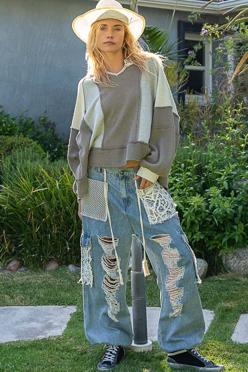 Notched Neck Contrast Fabric Basic Long Sleeve Top-POL