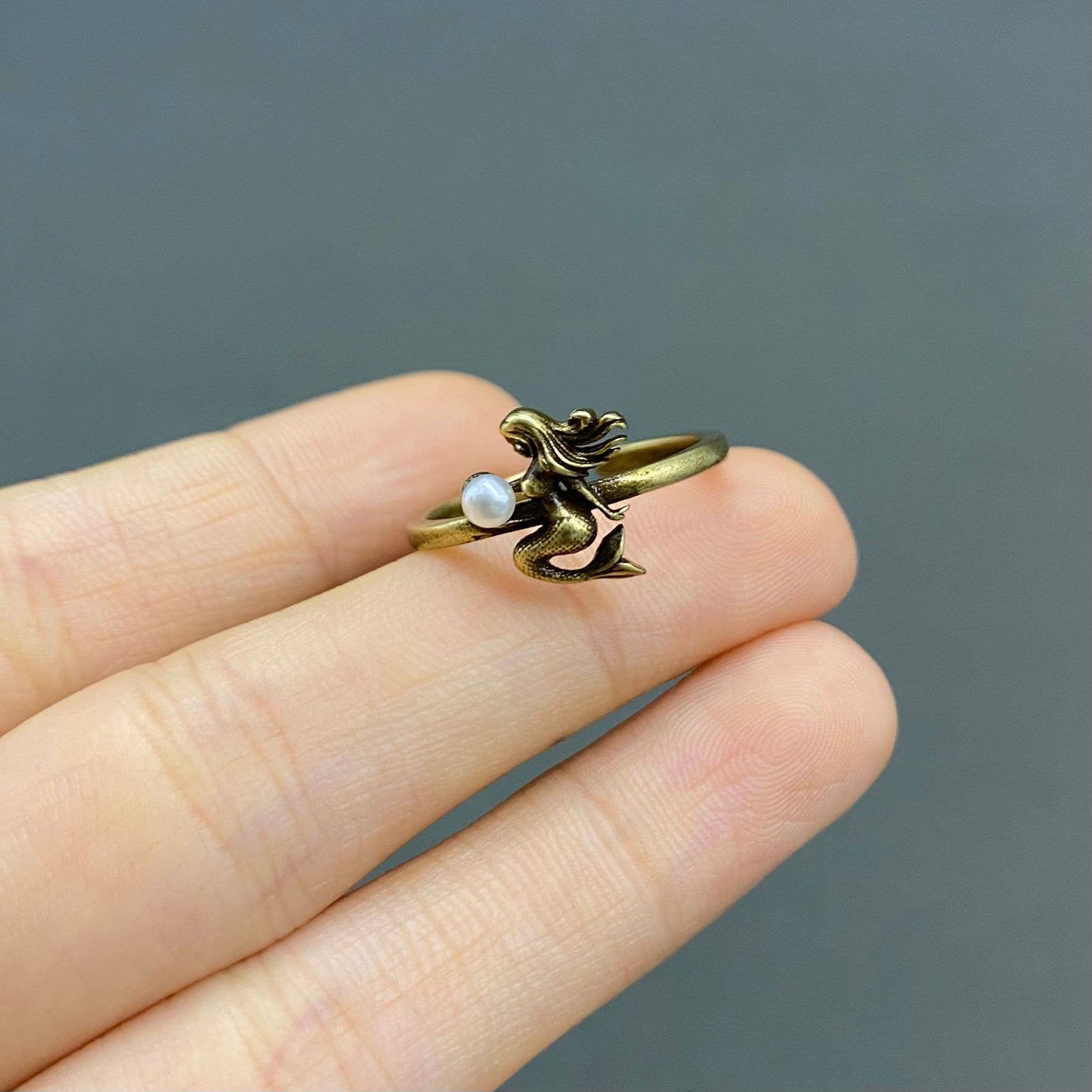 Vintage Pearl Mermaid Bronze Adjustable Ring