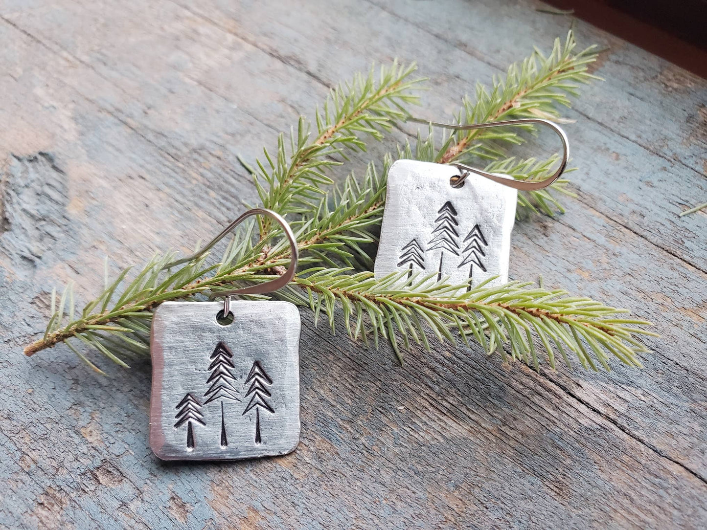 Pine Tree Earrings, Square, Hand-Stamped Pewter