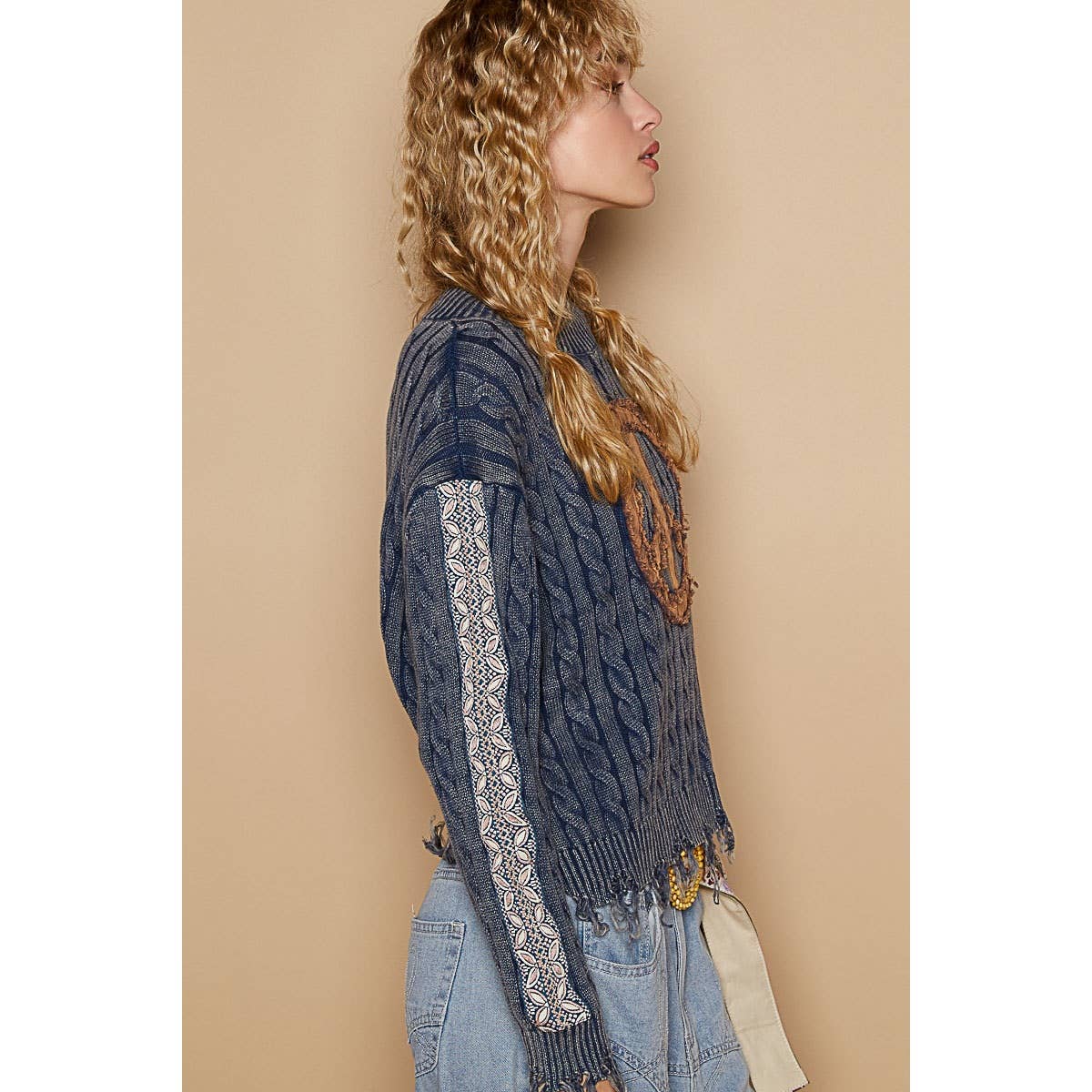 Vintage washed peach patch cable knit solid sweater
