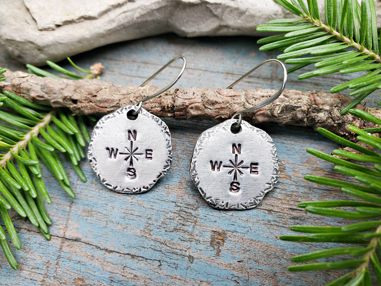 Compass Earrings, Hand-Stamped Pewter