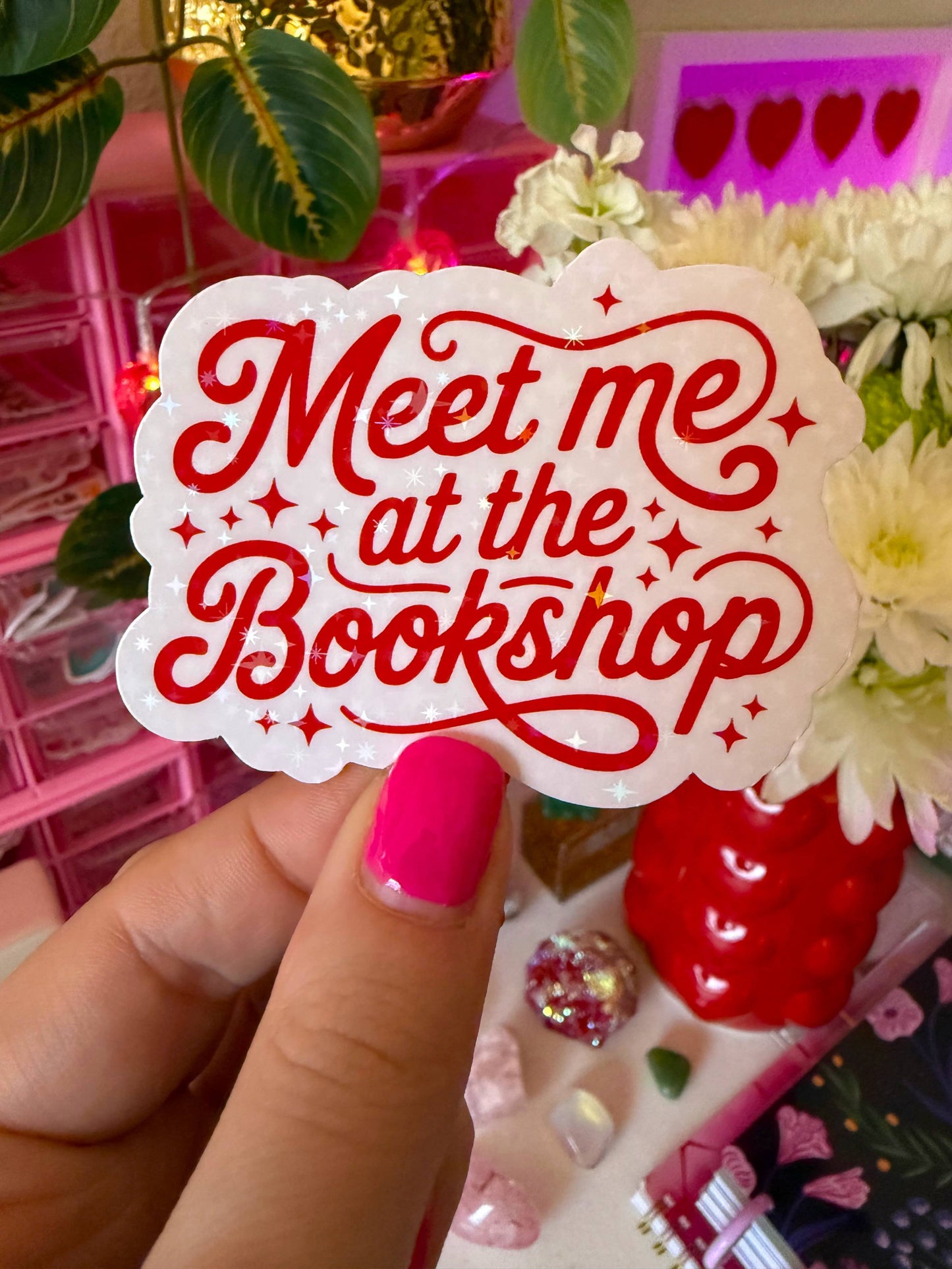 Meet me at the bookshop Valentine's sticker (holographic)