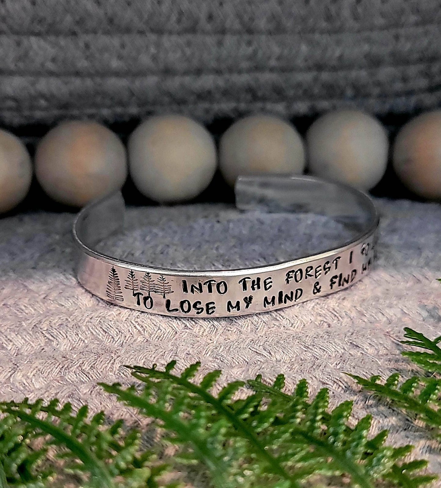 Hand stamped into the forest I go aluminum cuff