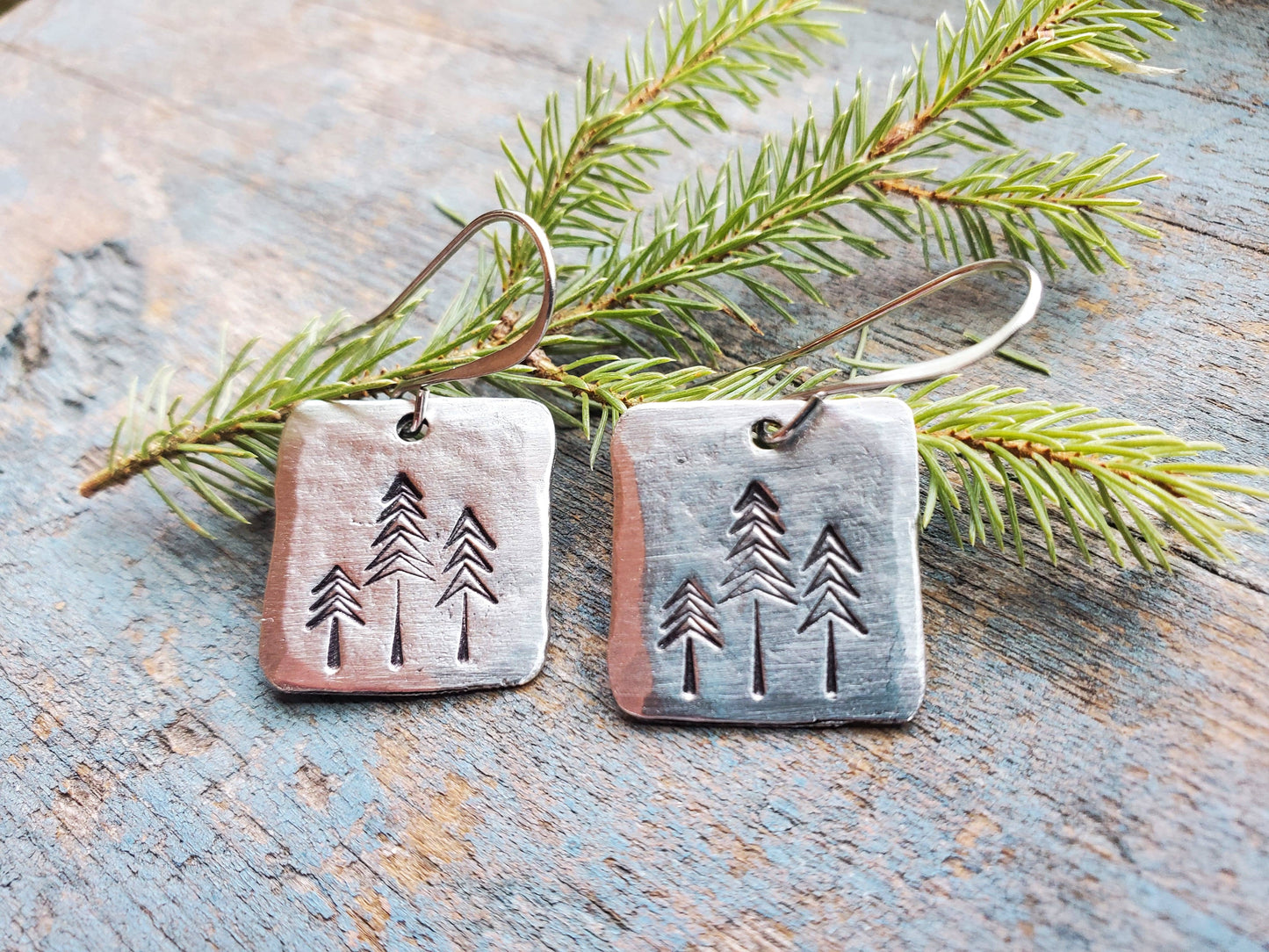Pine Tree Earrings, Square, Hand-Stamped Pewter