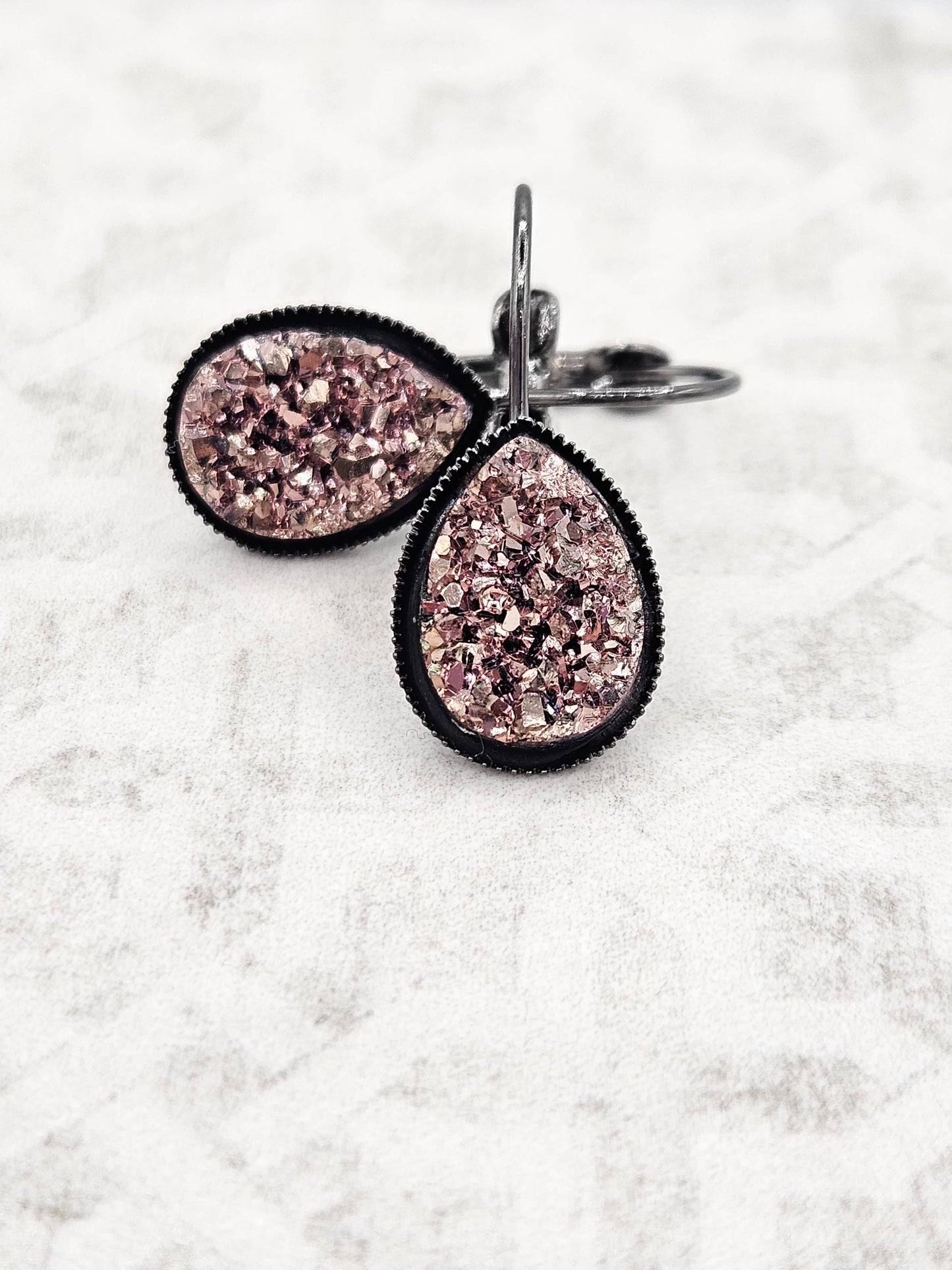 Druzy Teardrop Dangle Earrings (Handmade) - Rose Gold