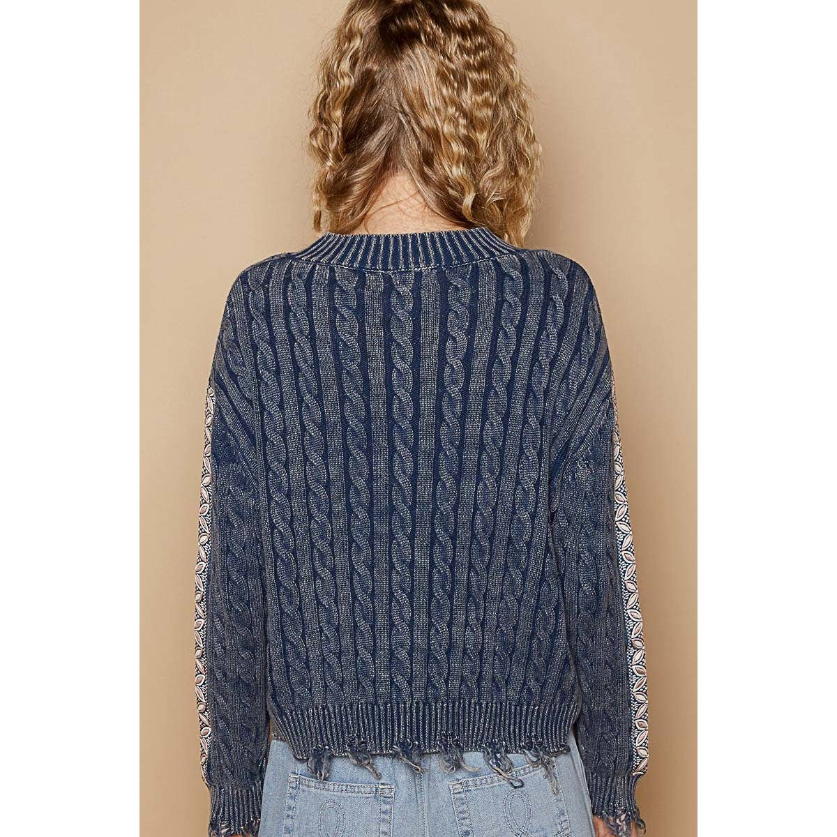 Vintage washed peach patch cable knit solid sweater