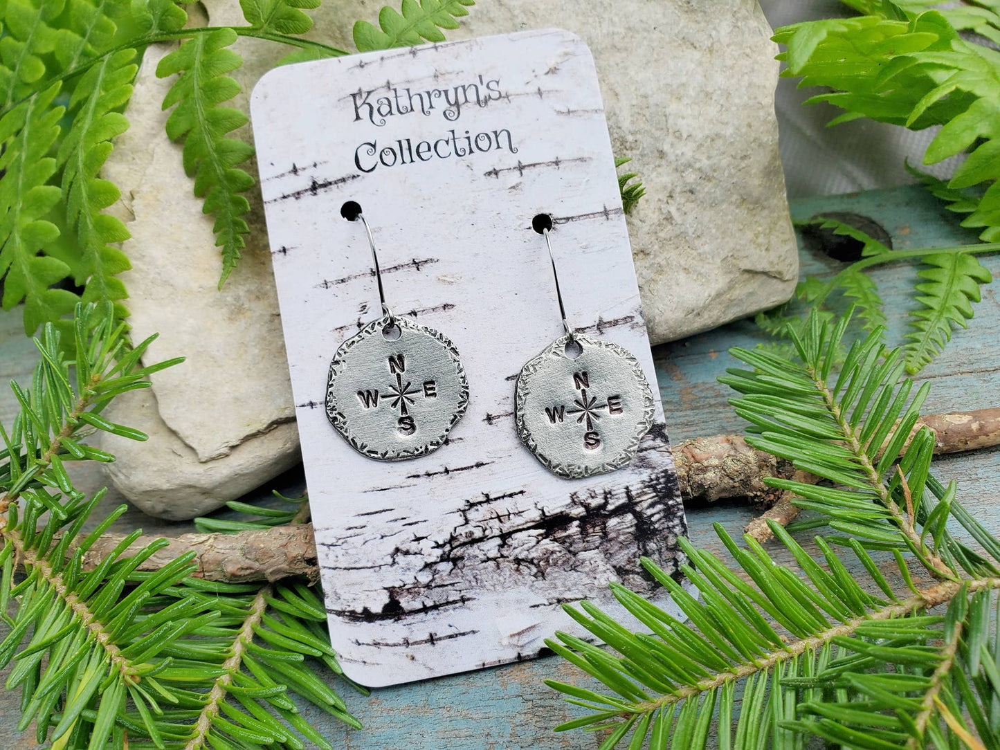 Compass Earrings, Hand-Stamped Pewter