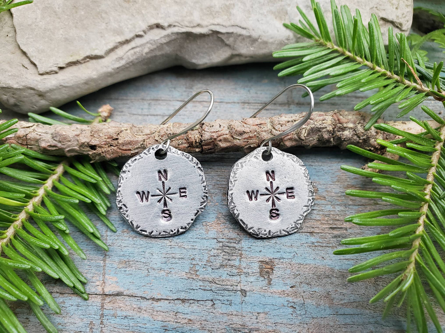 Compass Earrings, Hand-Stamped Pewter