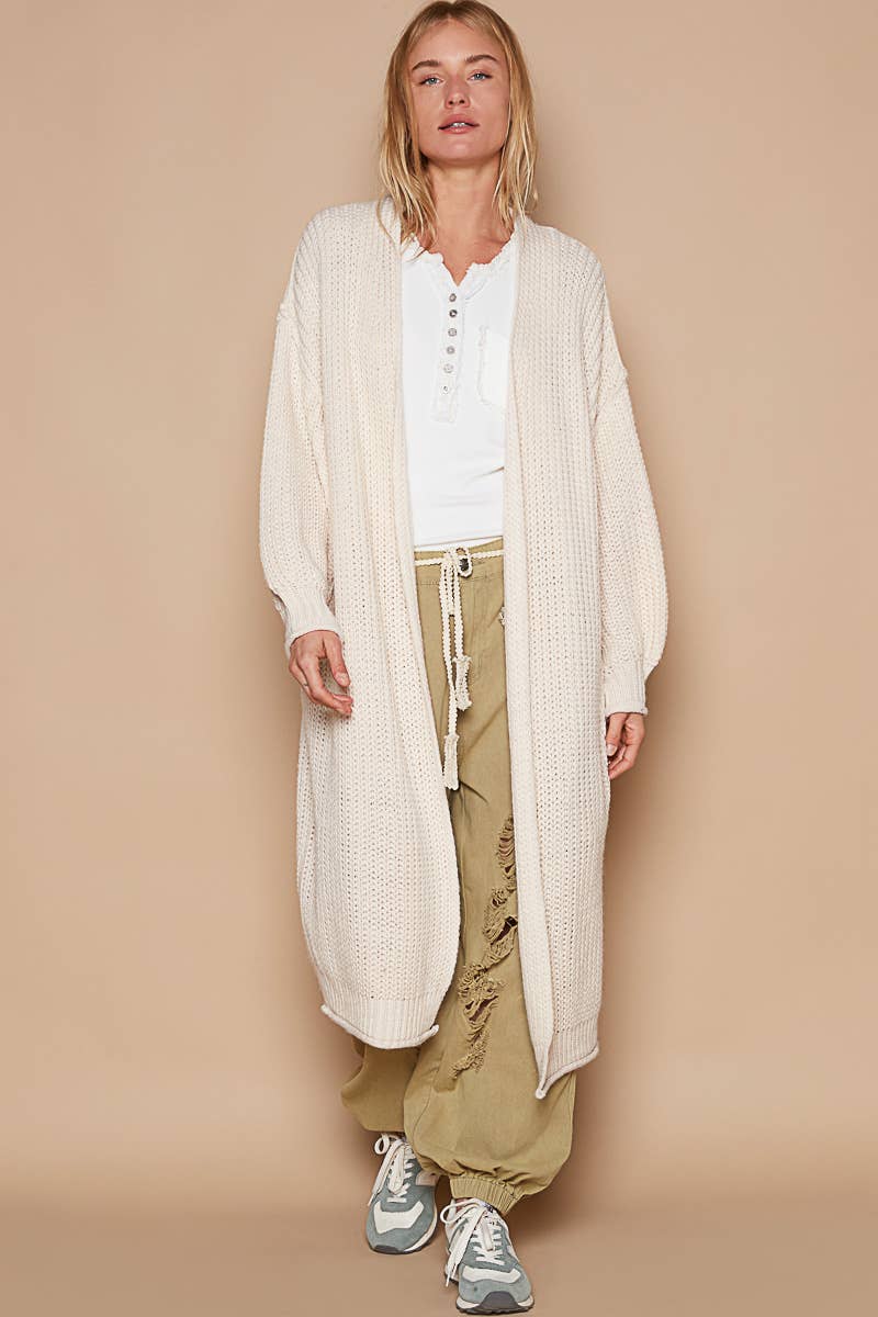 Open front balloon sleeves long cardigan sweater