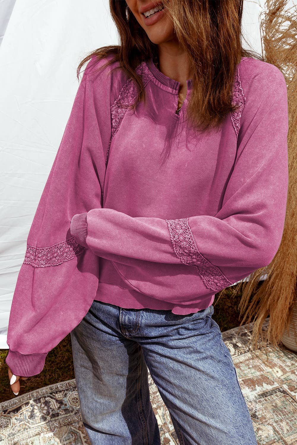 Lace Patchwork Detail Notched Neck Mineral Wash Sweatshirt-Red Dahlia