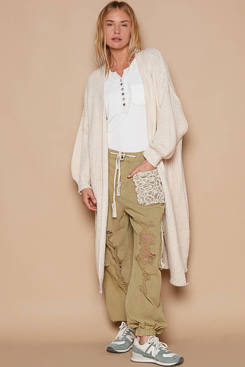 Open front balloon sleeves long cardigan sweater