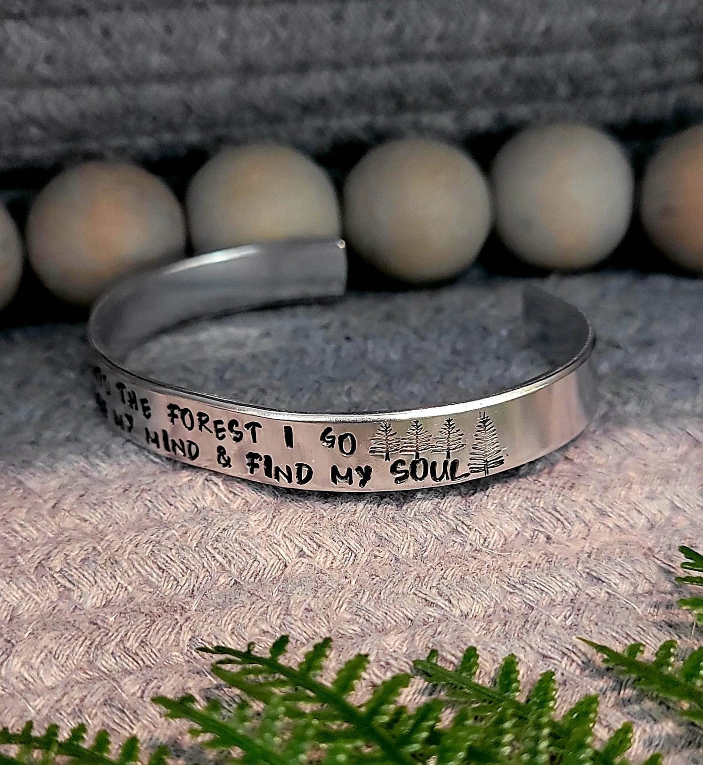 Hand stamped into the forest I go aluminum cuff