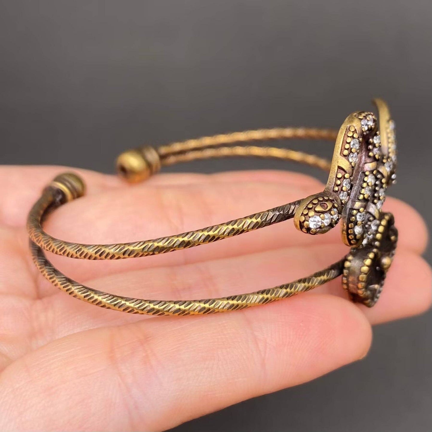 Vintage Bronze Brass Snake & Clover Bangle