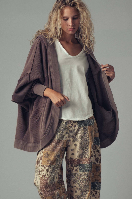 Washed Waffle Knit Hooded Cardigan-Large