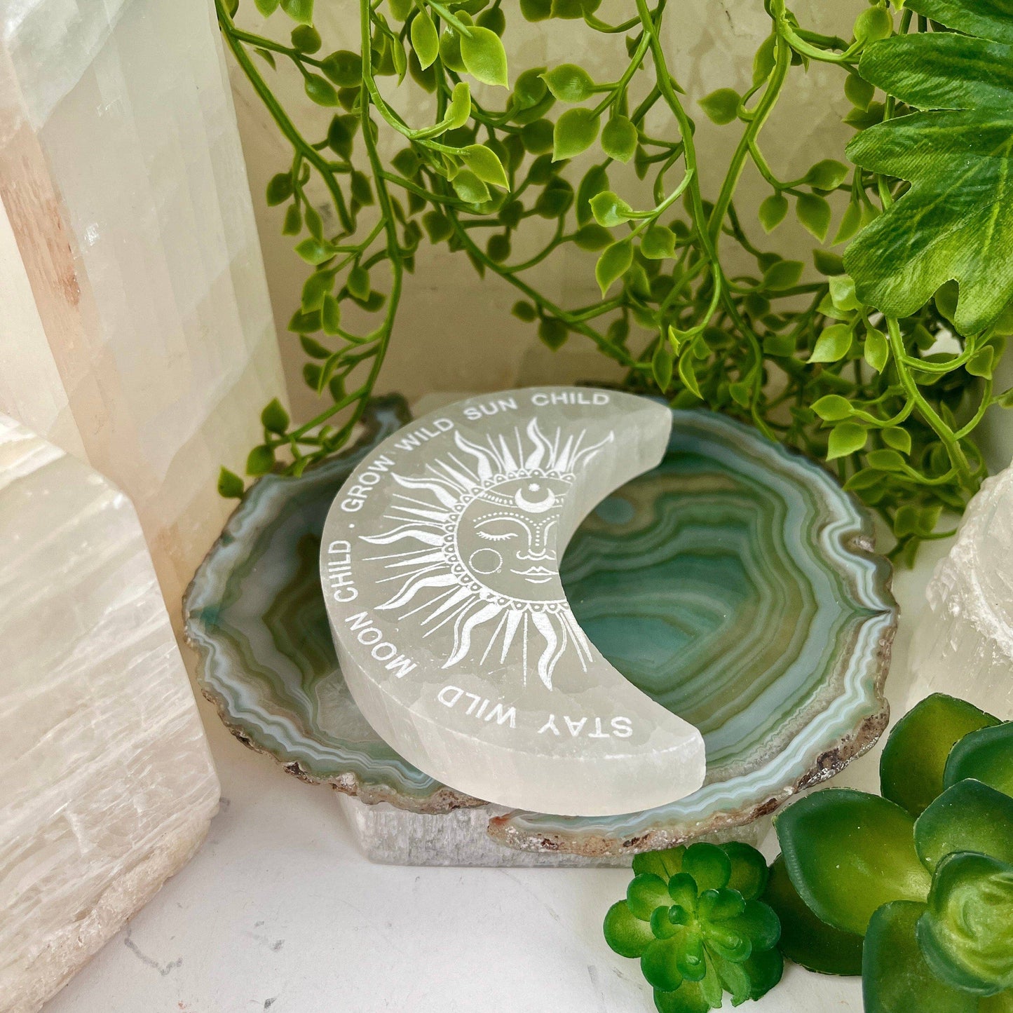 Selenite Moon Crystal Charging Plate - Sun and Moon Design