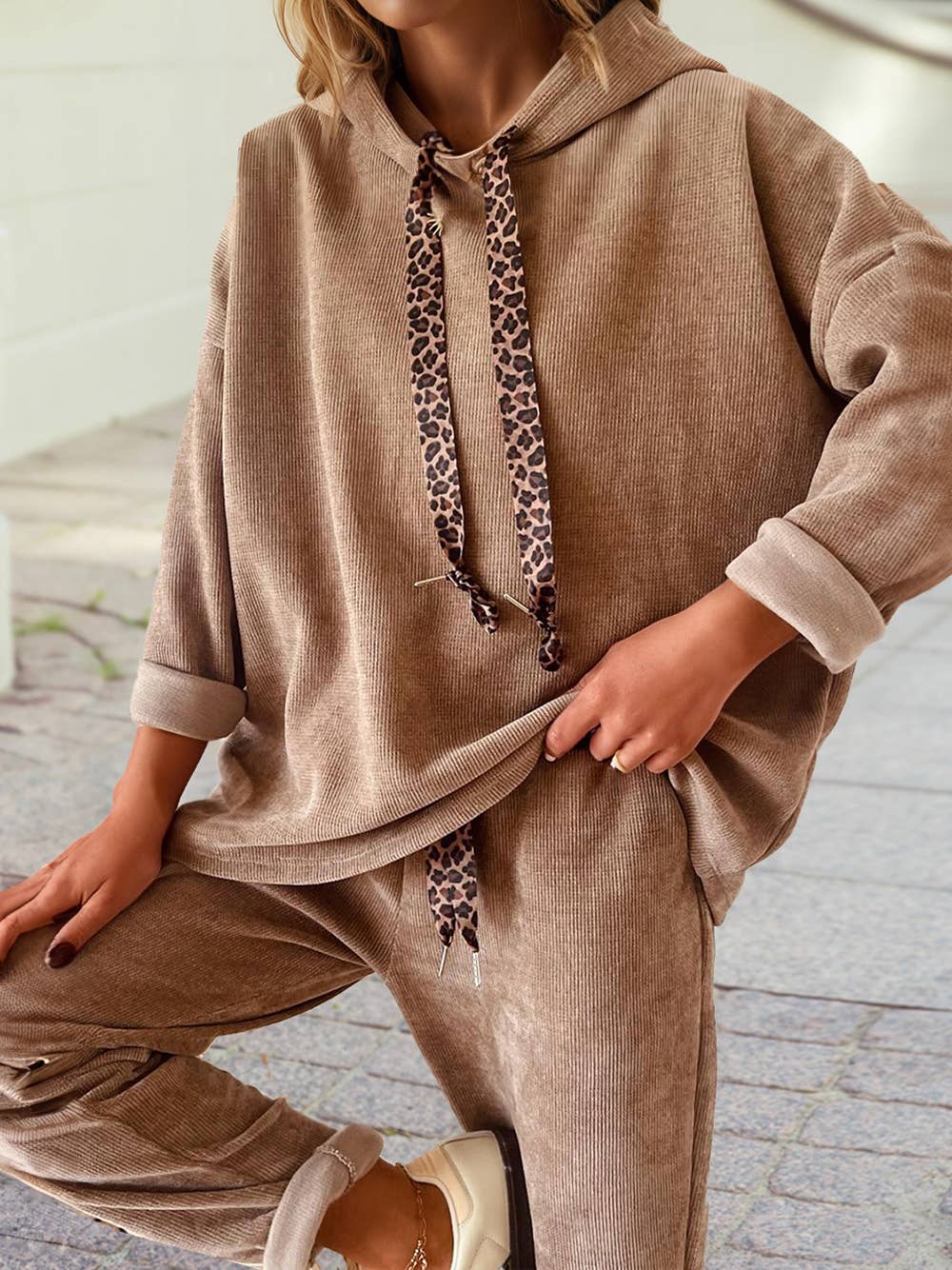 Pullover Hoodie and High Waist Pants Corduroy Suit