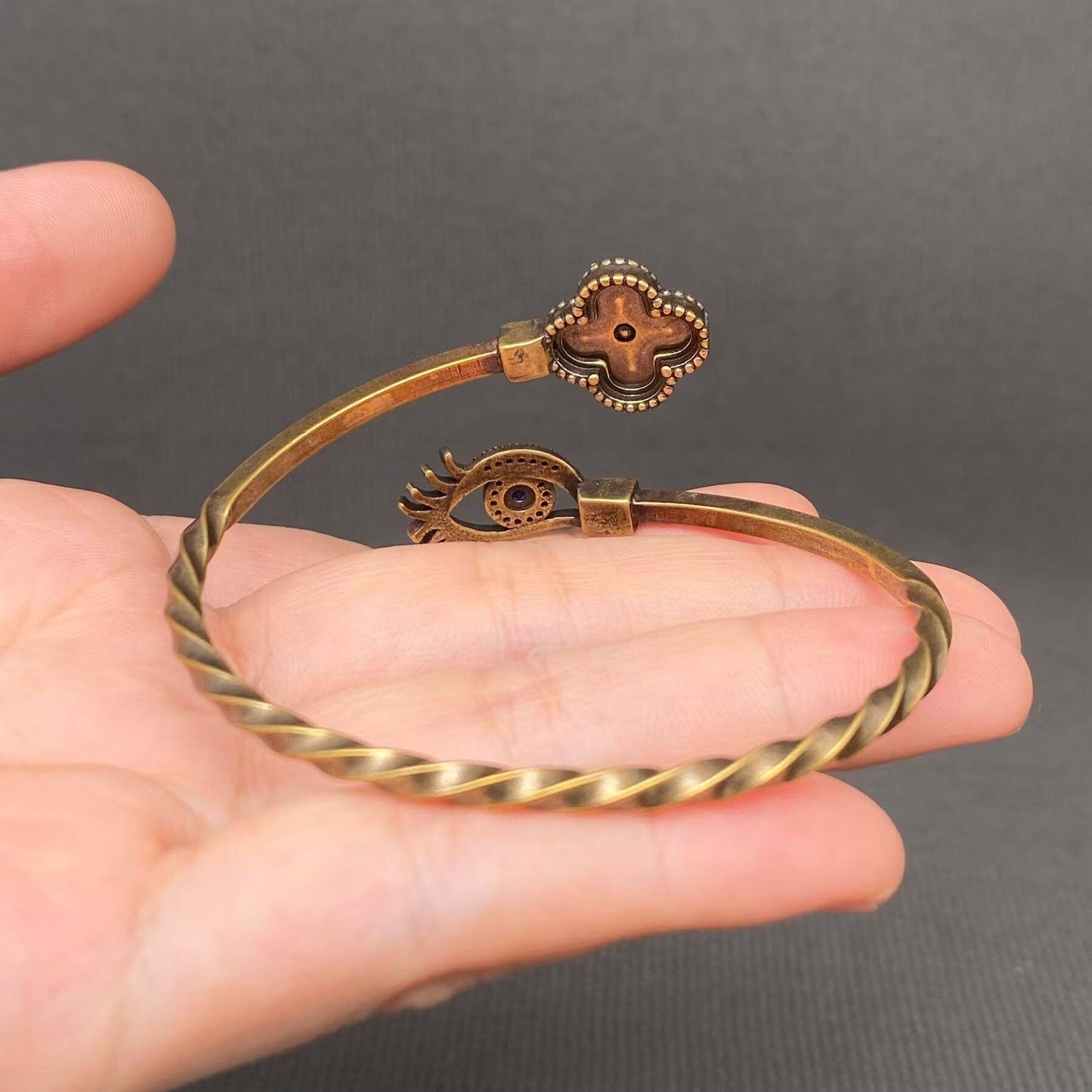 Vintage Bronze Brass Eye & Four-leaf Clover Bangle