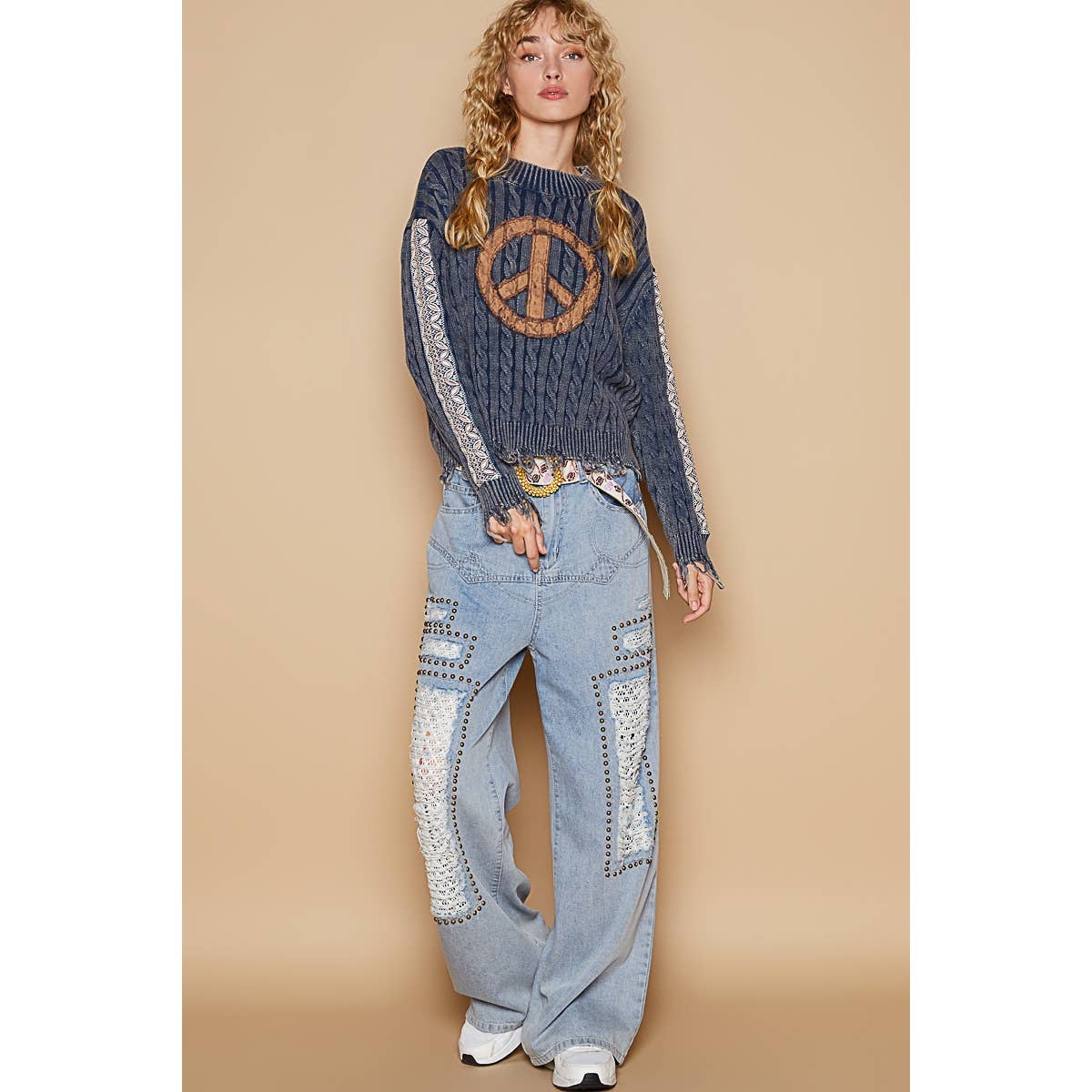 Vintage washed peach patch cable knit solid sweater