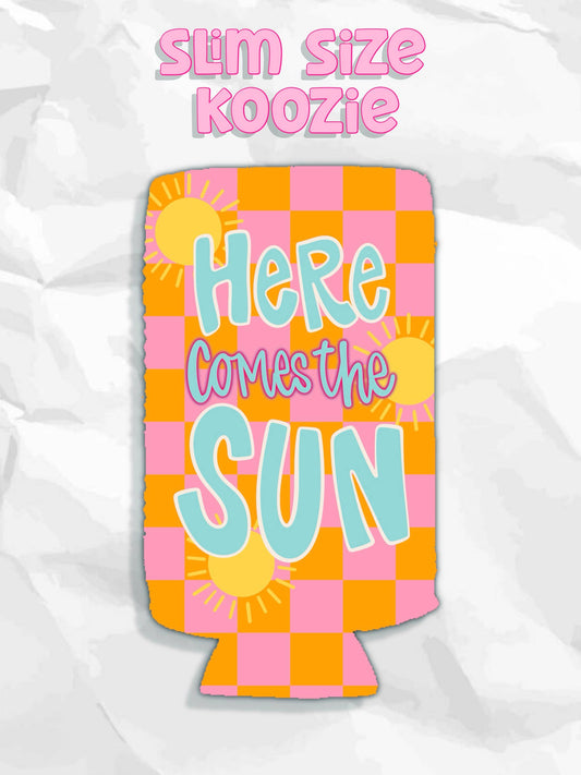 Here comes the sun summer checkered print koozies 