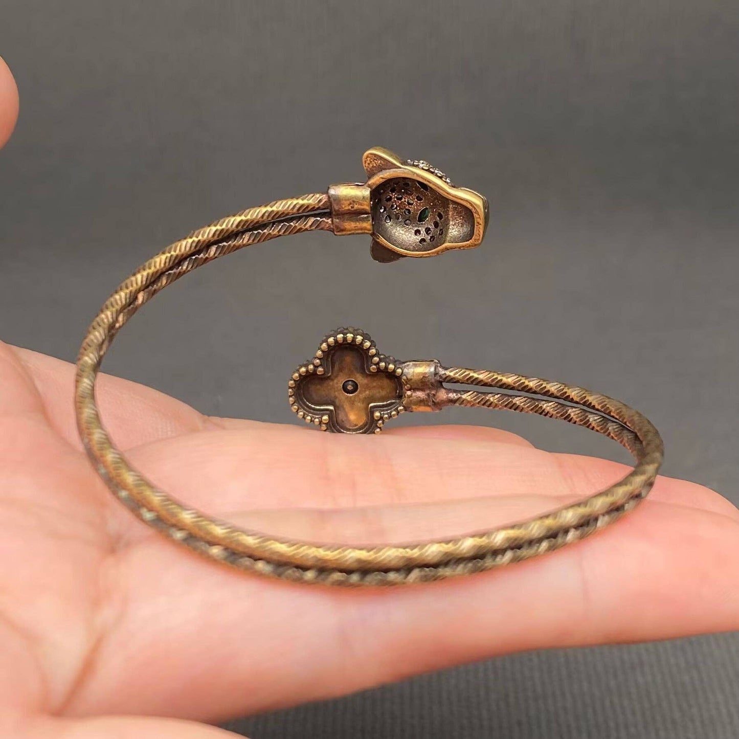 Vintage Bronze Brass Clover & Leopard Head Bangle