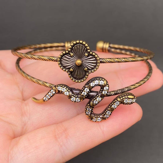 Vintage Bronze Brass Snake & Clover Bangle