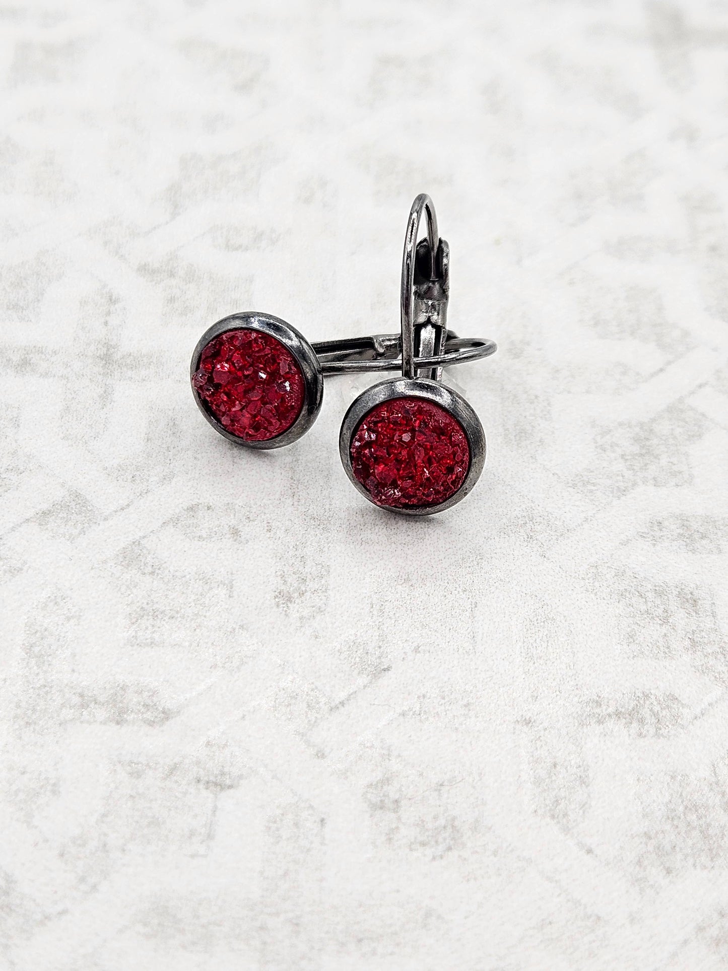 Druzy Round Dangle Earrings (Handmade 8mm)- Cherry Red