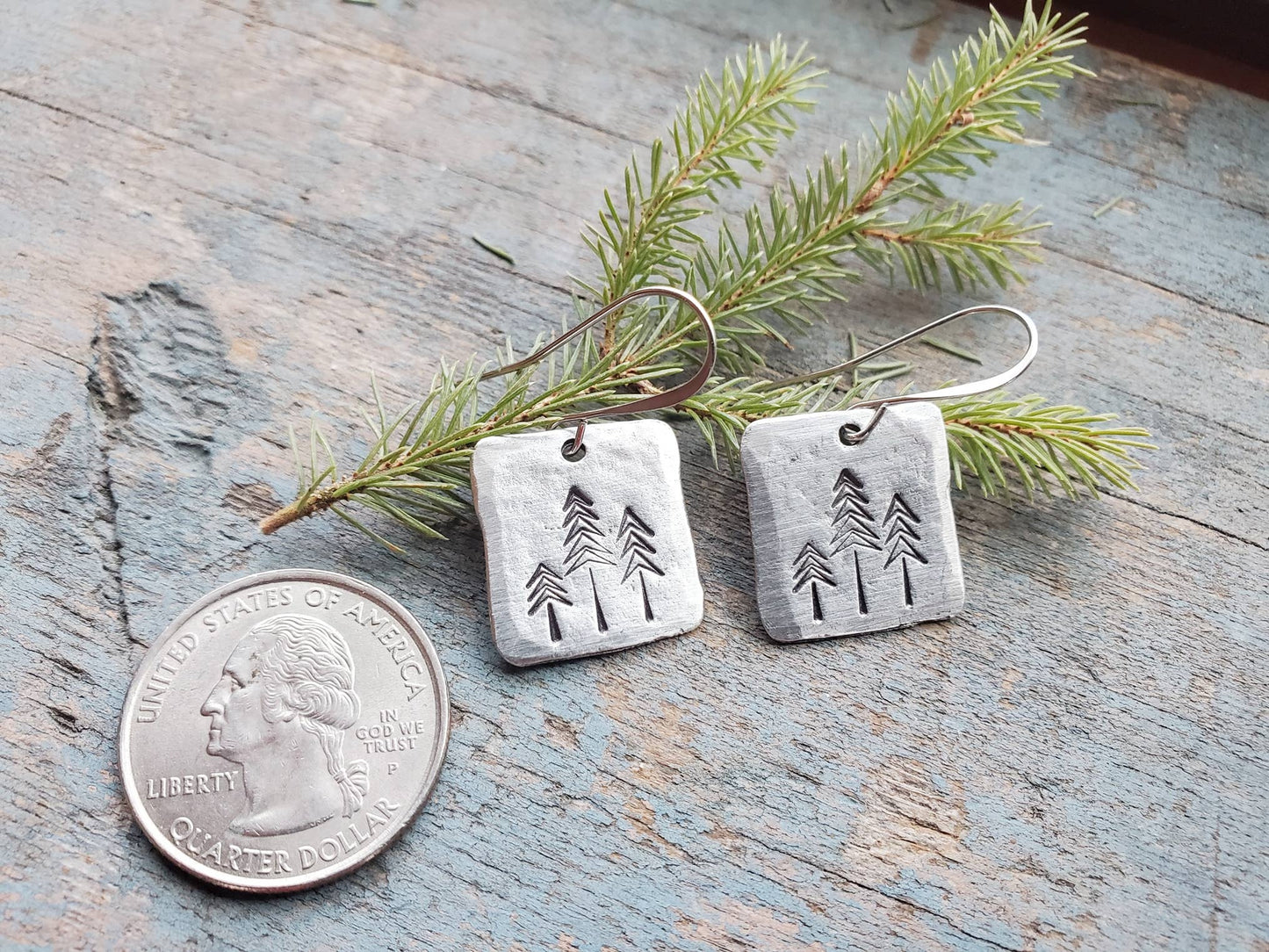Pine Tree Earrings, Square, Hand-Stamped Pewter