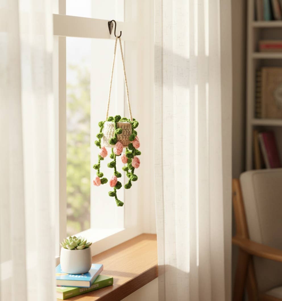 Floral Crochet Car Charm – Hanging Mini Plant Pot