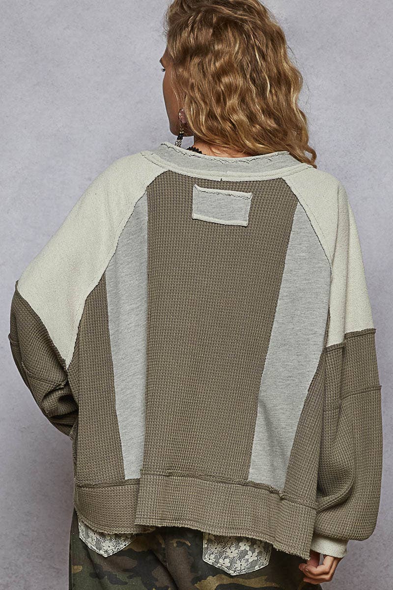 Notched Neck Contrast Fabric Basic Long Sleeve Top-POL