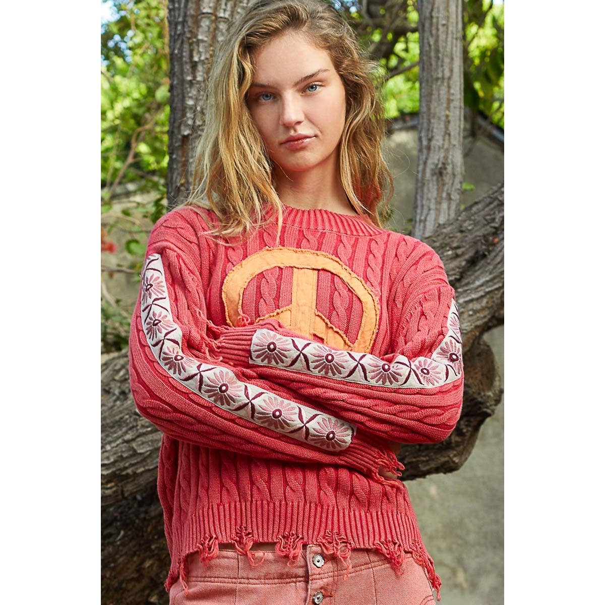 Vintage washed peach patch cable knit solid sweater