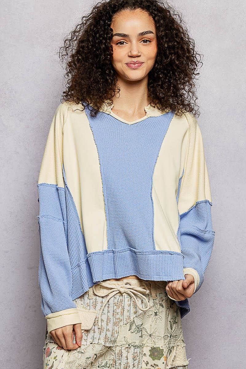 Notched Neck Contrast Fabric Basic Long Sleeve Top-POL