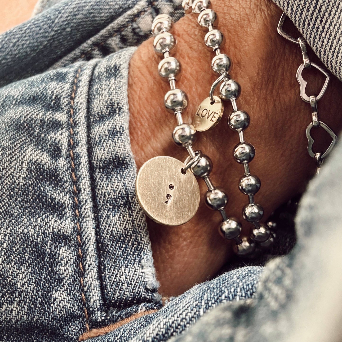 Hand Stamped Semicolon Mixed Metal Bracelet 