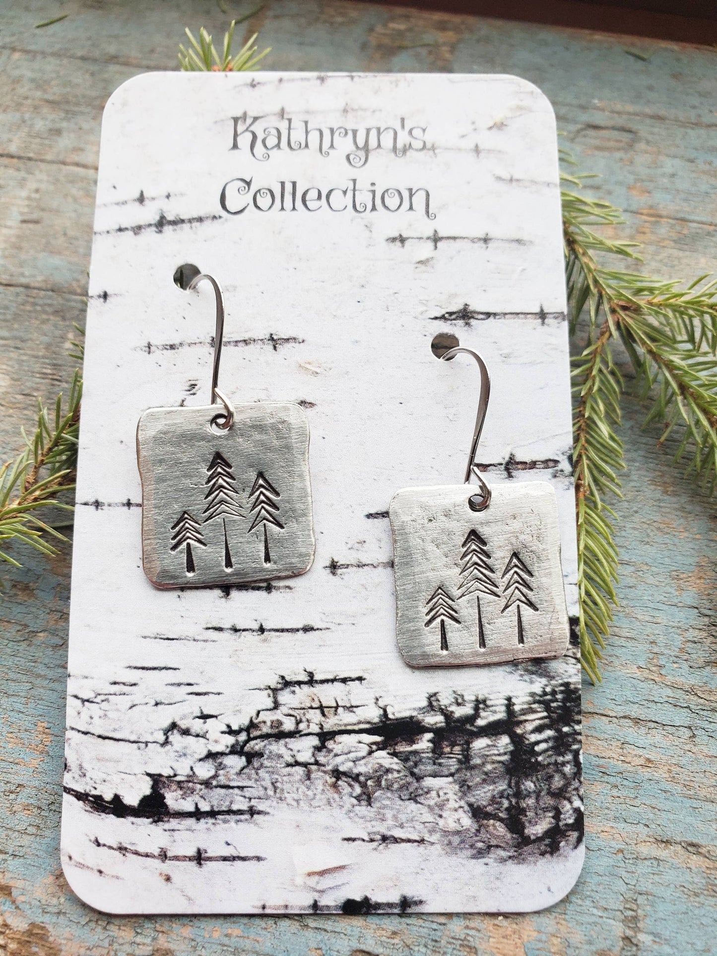 Pine Tree Earrings, Square, Hand-Stamped Pewter