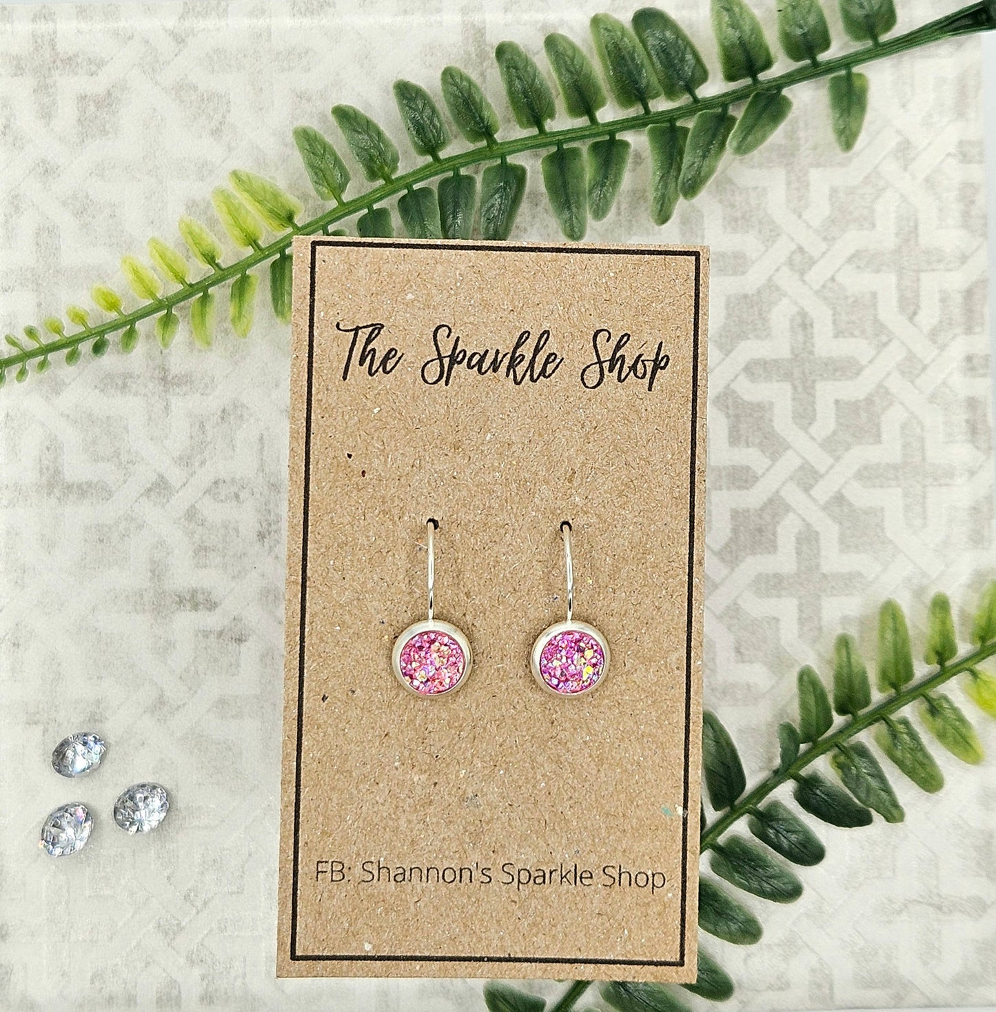 Druzy Round Dangle Earrings (Handmade 8mm)- Pink Ice