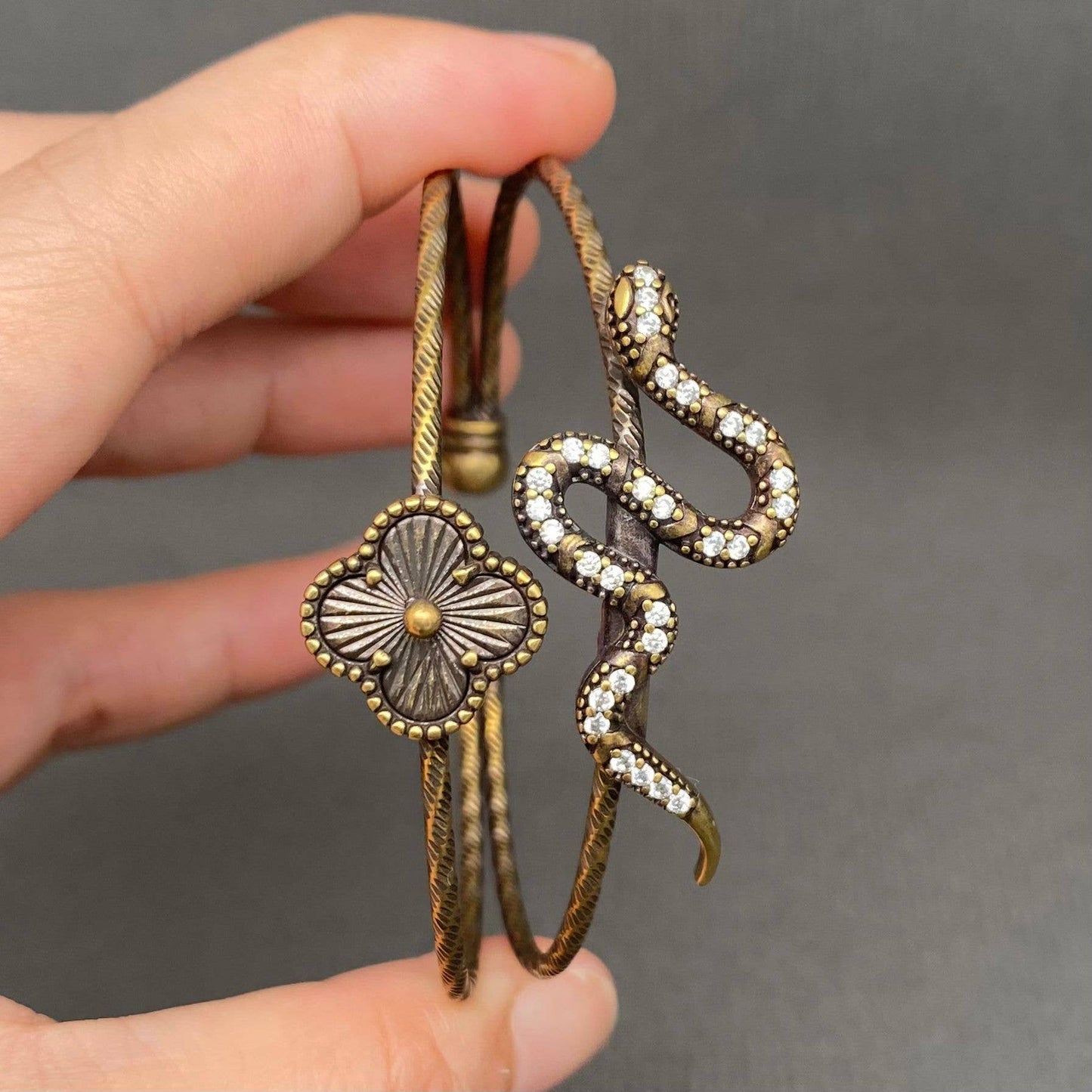 Vintage Bronze Brass Snake & Clover Bangle