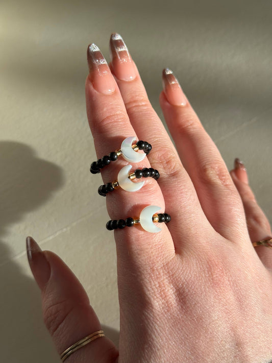 Black Obsidian Moon Stretch Beaded Ring