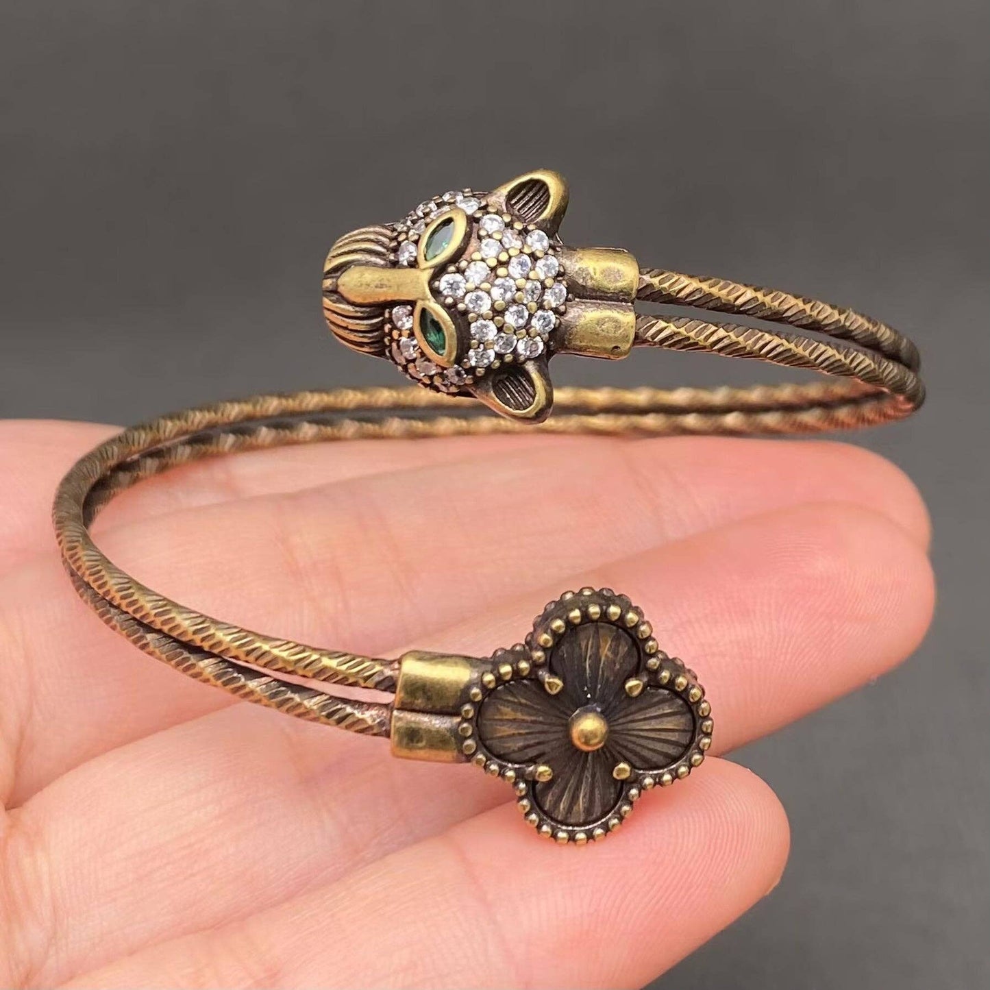 Vintage Bronze Brass Clover & Leopard Head Bangle