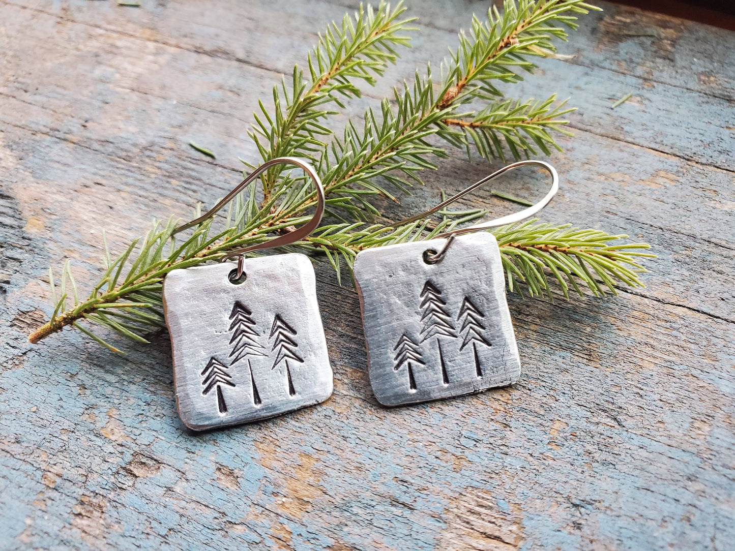 Pine Tree Earrings, Square, Hand-Stamped Pewter