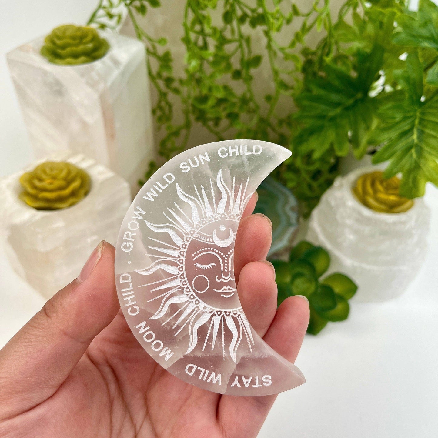 Selenite Moon Crystal Charging Plate - Sun and Moon Design