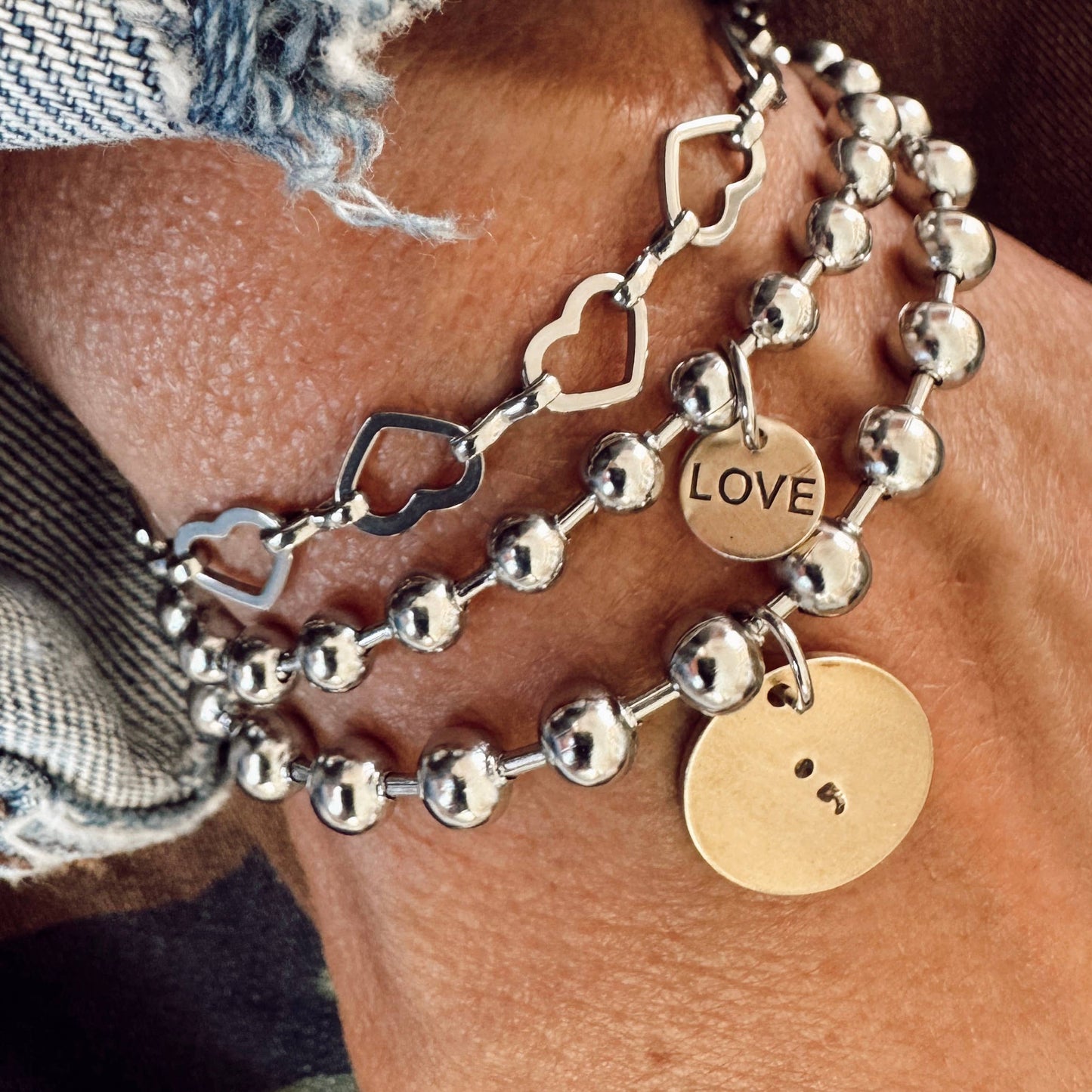 Hand Stamped Semicolon Mixed Metal Bracelet 