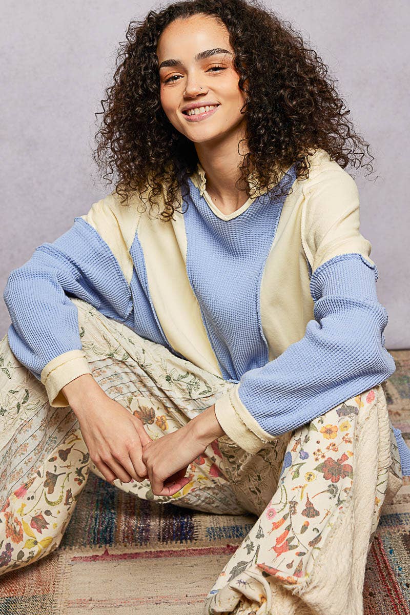 Notched Neck Contrast Fabric Basic Long Sleeve Top-POL