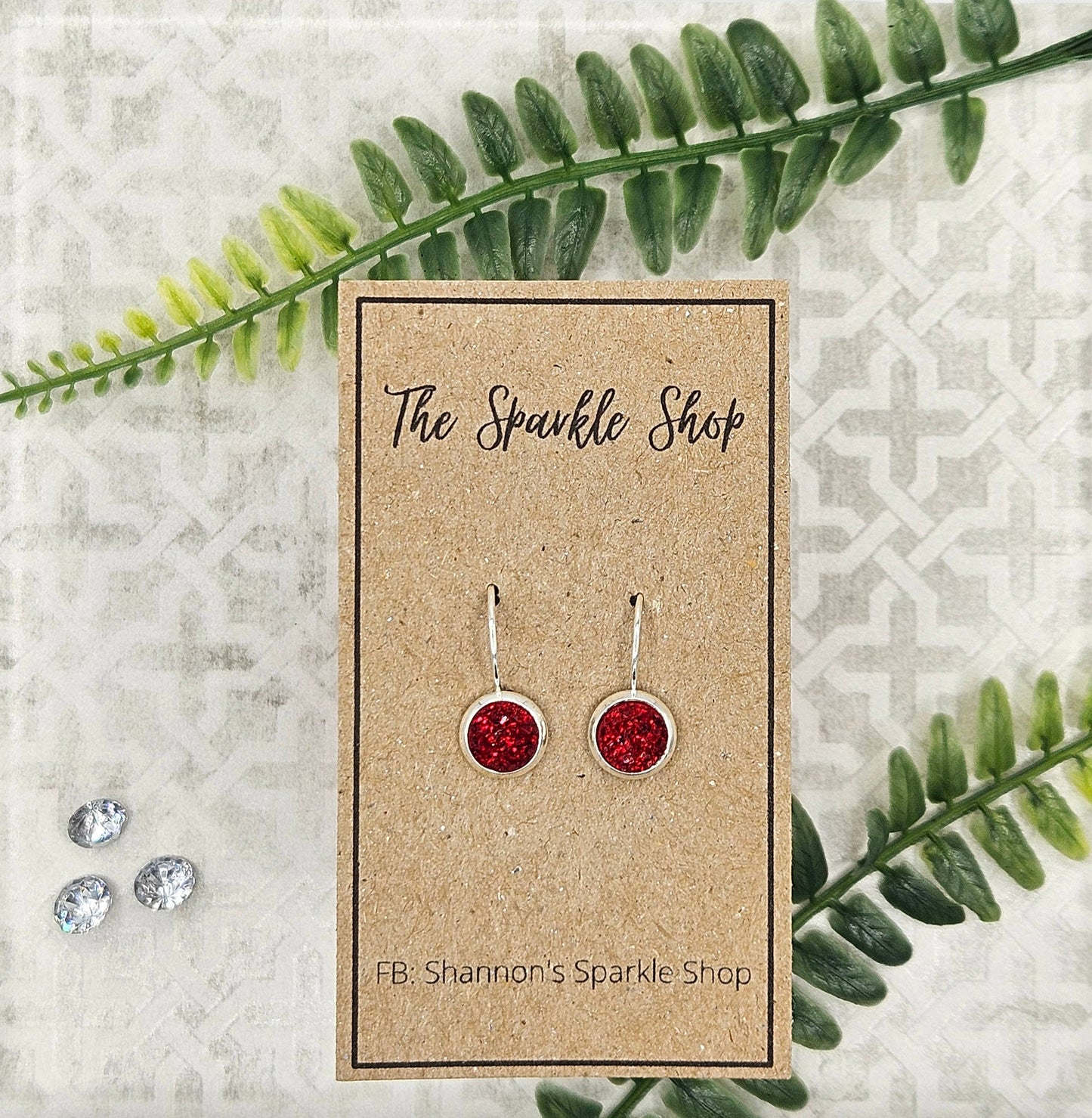 Druzy Round Dangle Earrings (Handmade 8mm)- Cherry Red