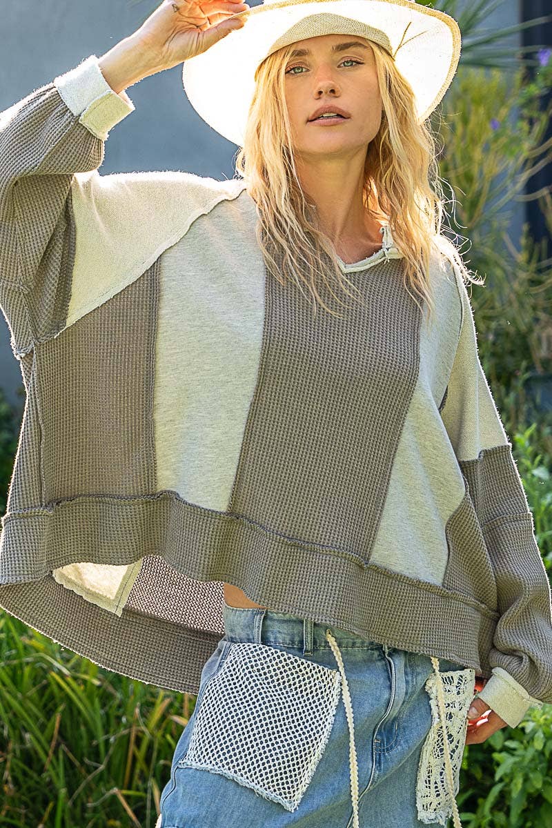 Notched Neck Contrast Fabric Basic Long Sleeve Top-POL