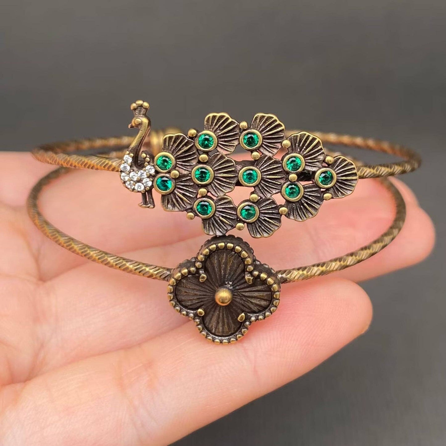 Vintage Bronze Brass Peacock & Clover Bangle