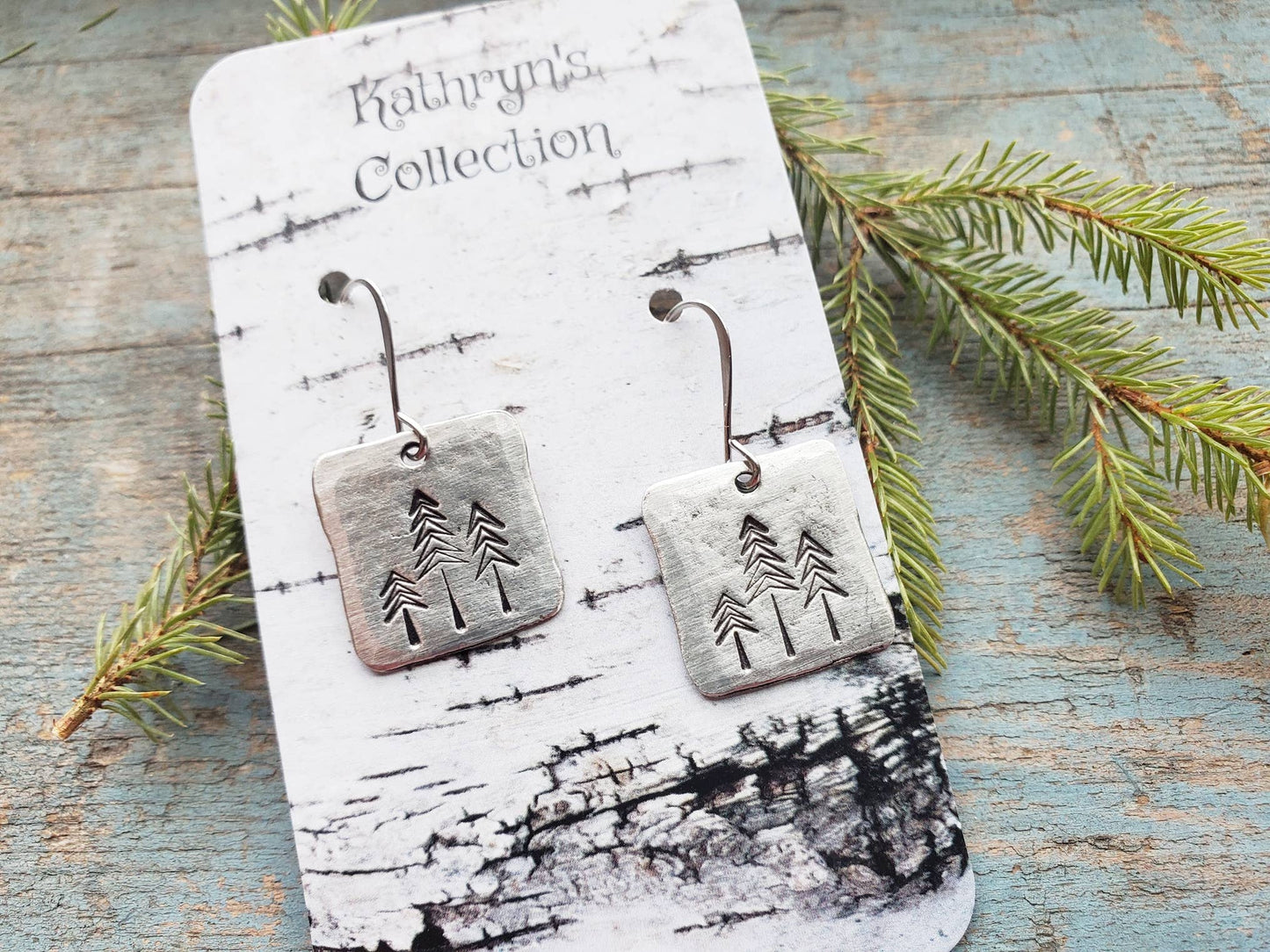 Pine Tree Earrings, Square, Hand-Stamped Pewter