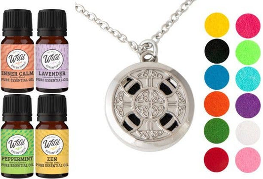 Celtic Cross Diffuser Necklace, chrome, 4 essential oils set