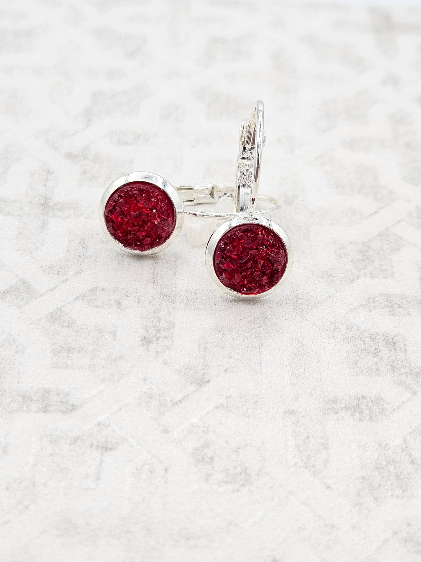 Druzy Round Dangle Earrings (Handmade 8mm)- Cherry Red