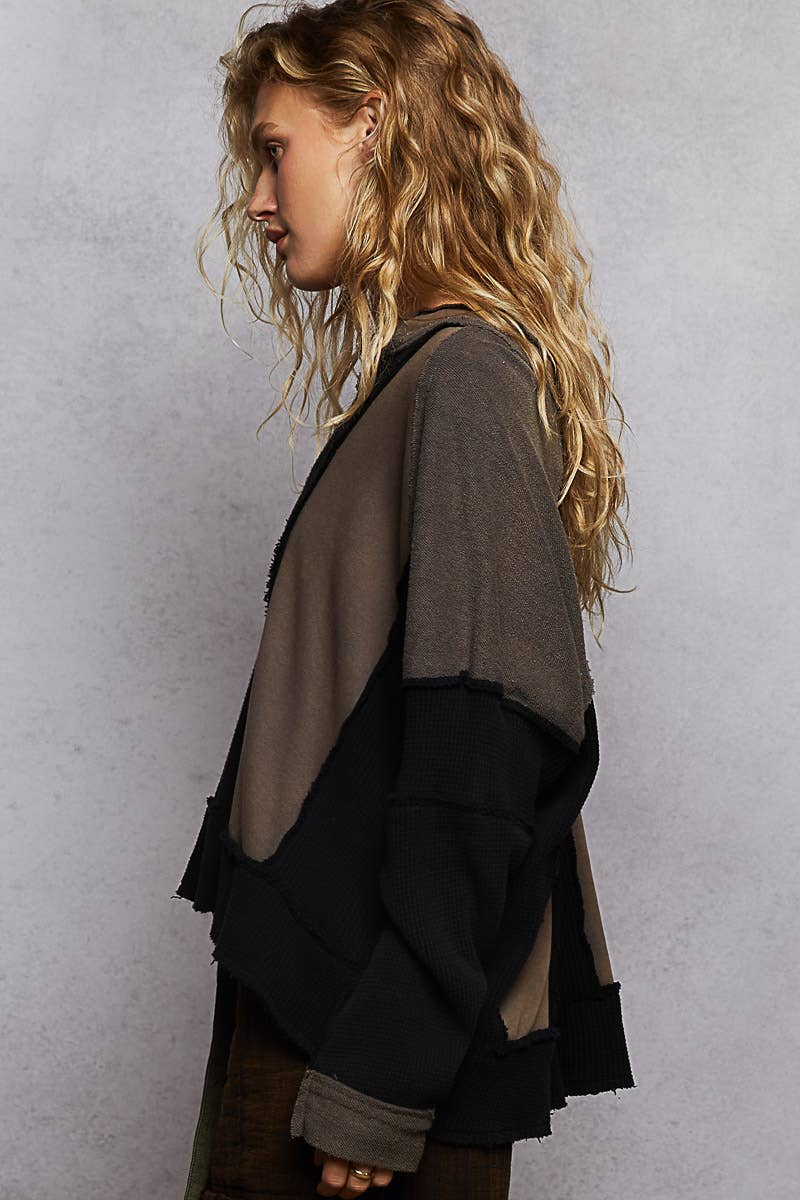 Notched Neck Contrast Fabric Basic Long Sleeve Top-POL