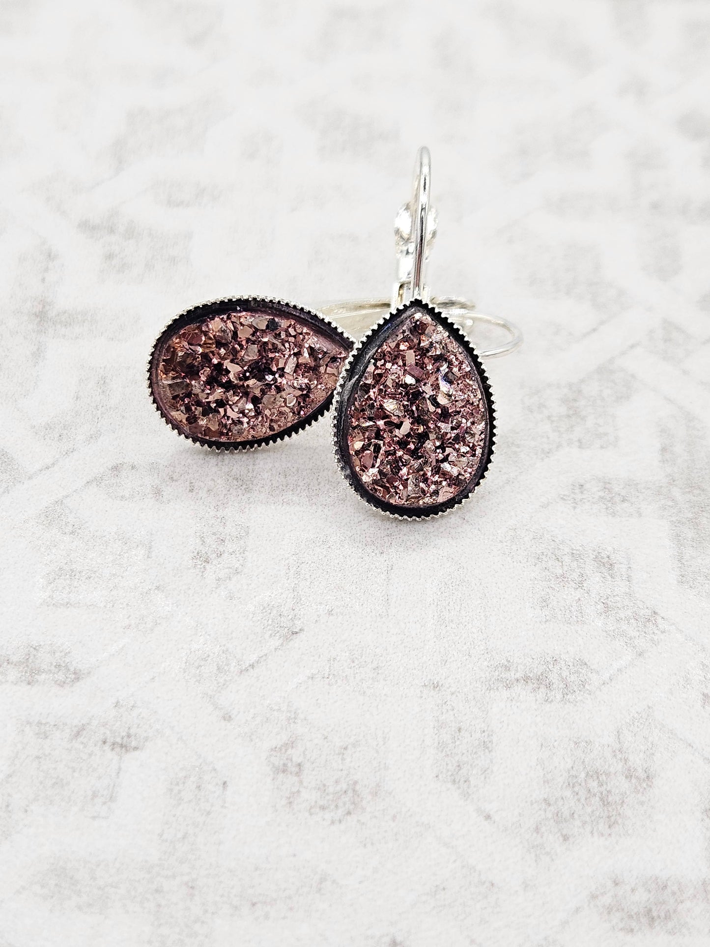 Druzy Teardrop Dangle Earrings (Handmade) - Rose Gold
