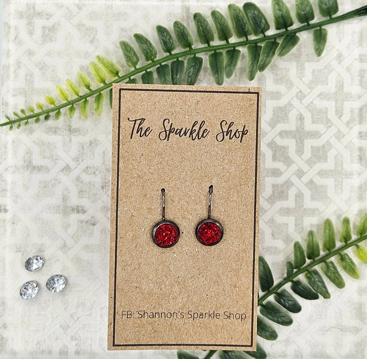 Druzy Round Dangle Earrings (Handmade 8mm)- Cherry Red